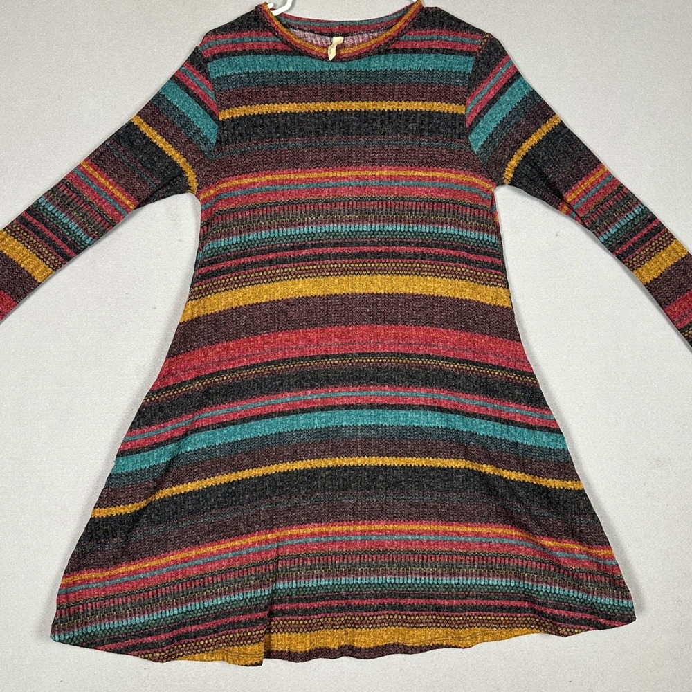 Elan Dress Women Medium A-Line Multi-Color Striped Long Sleeve Crew Neck Stretch